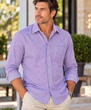 Buttercloth Purple Gingham Icy Cotton Flip Cuff Soft Stretchy Shirt. Mens XL